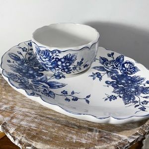 Blue Toile large floral platter & bowl set French Country cottage decor